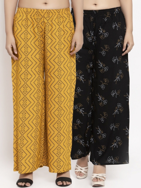 

KLOTTHE Women Pack Of 2 Black & Mustard Yellow Printed Palazzos