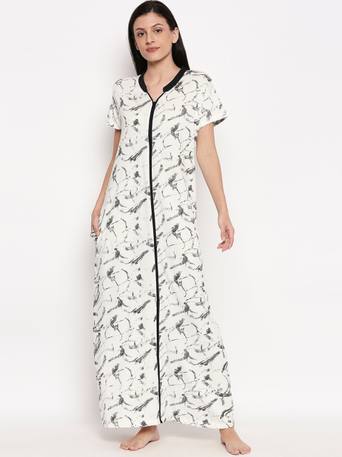 

XIN Women White & Black Printed Maxi Nightdress