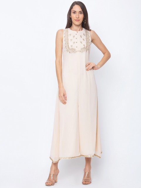 

Globus Women Cream-Coloured & Gold-Toned Self Design Basic Jumpsuit