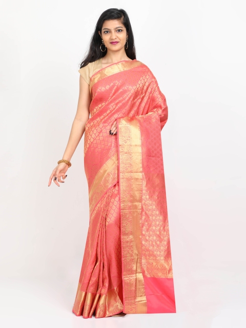 

SABOO COLLECTIONS Pink & Gold-Toned Pure Silk Woven Design Kanjeevaram Saree