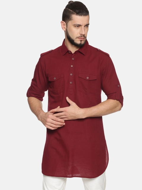 

IVOC Men Maroon Checked Pathani Kurta
