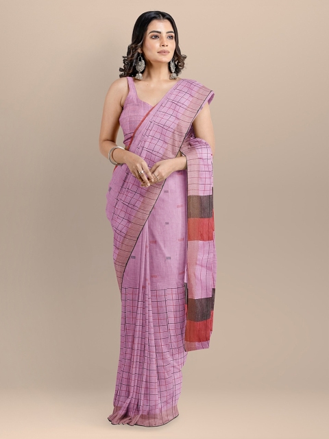 

BharatSthali Pink Pure Cotton Checked Jamdani Saree