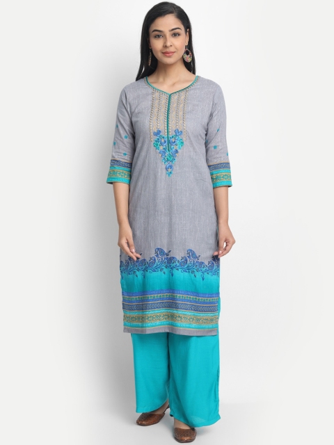 

7Threads Women Grey Printed Straight Kurta