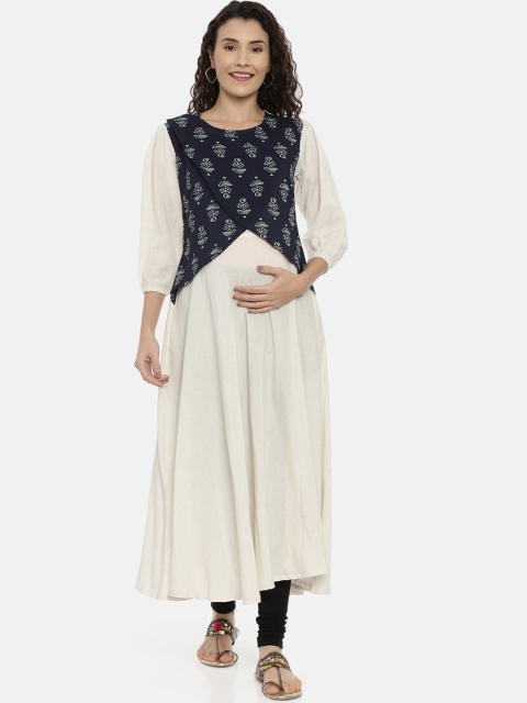 

The Mom Store Women Off-White & Navy Blue Printed Maternity A-Line Kurta