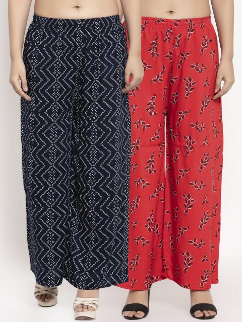 KLOTTHE Women Pack Of 2 Red & Black Printed Straight Palazzos