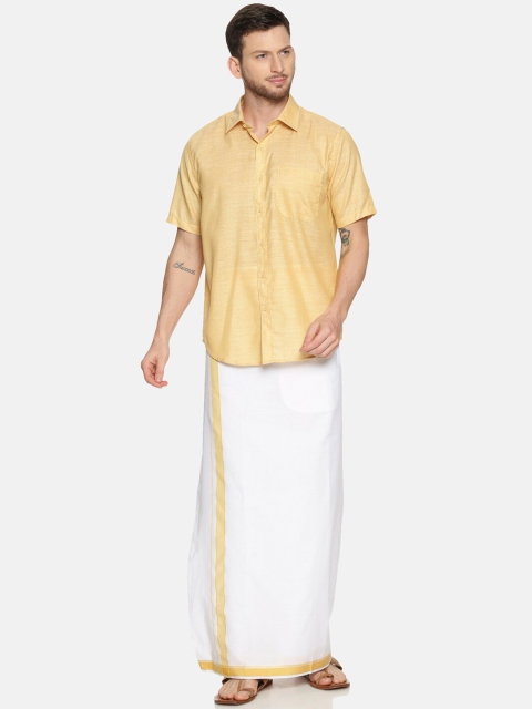 

RAMRAJ COTTON Men Yellow & White Solid Shirt With Dhoti Pants
