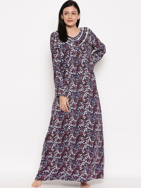 

XIN Women Navy Blue Printed & White Printed Maxi Nightdress