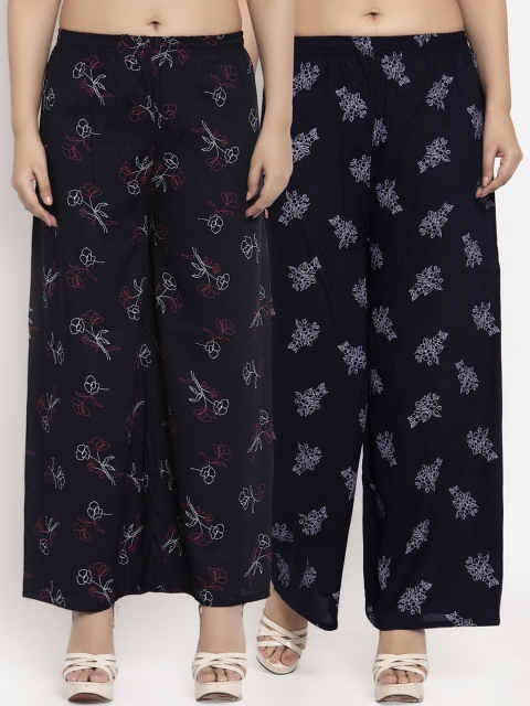 

KLOTTHE Women Pack Of 2 Black & Navy Blue Printed Straight Palazzos