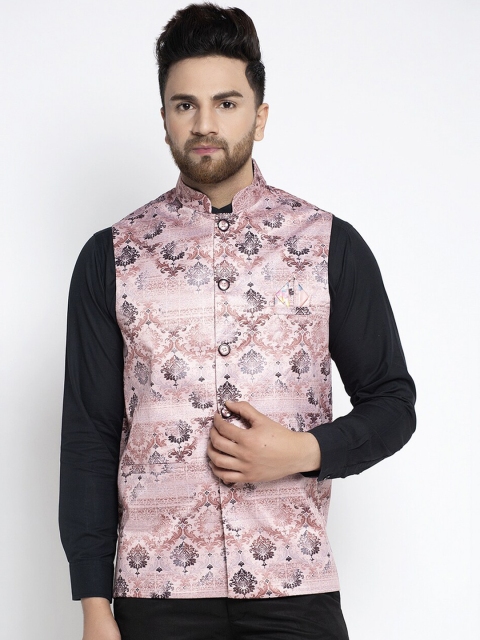 

Jompers Men Pink & Brown Printed Satin Nehru Jacket