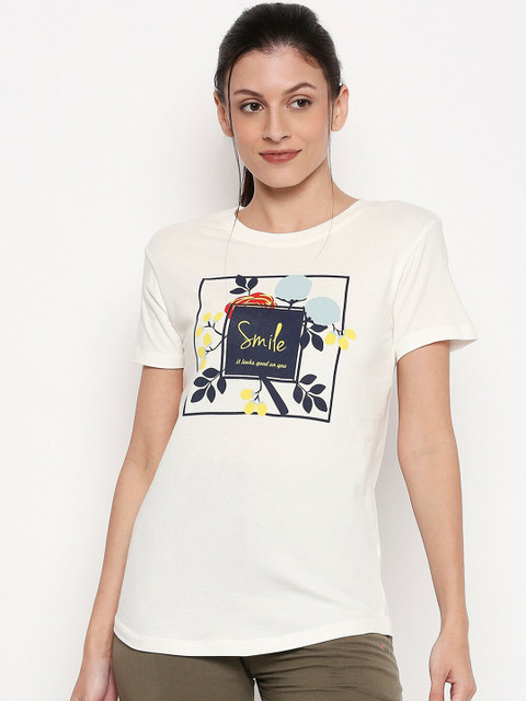 

XIN Women White & Navy Blue Printed Round Neck T-shirt