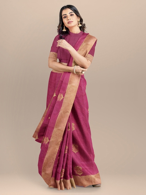 

BharatSthali Pink Silk Cotton Woven Design Chanderi Sustainable Saree
