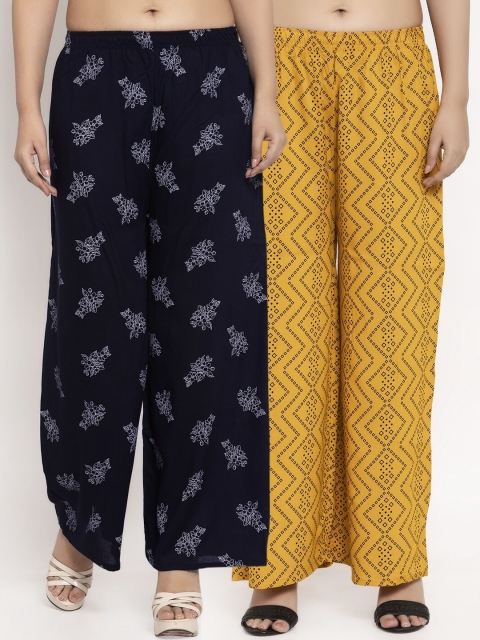 

KLOTTHE Women Pack Of 2 Navy Blue & Mustard Yellow Printed Palazzos
