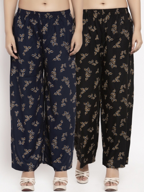 

KLOTTHE Women Pack Of 2 Black & Navy Blue Printed Straight Palazzos