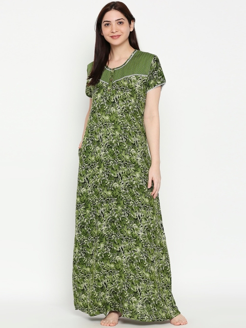 

XIN Women Green & White Printed Maxi Nightdress