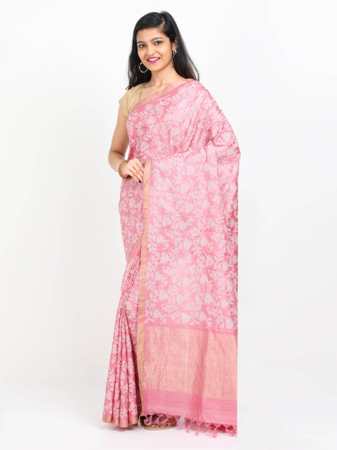 

SABOO COLLECTIONS Pink Pure Silk Embroidered Tussar Saree