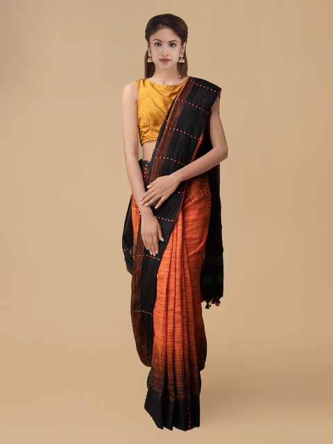 

Unnati Silks Orange & Black Pure Linen Woven Design Jamdani Handloom Saree
