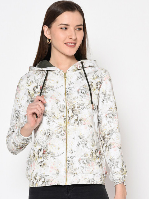 

METTLE Women White Floral Printed Hooded Sweatshirt