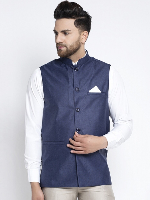 

Jompers Men Navy Blue Solid Woven Nehru Jacket