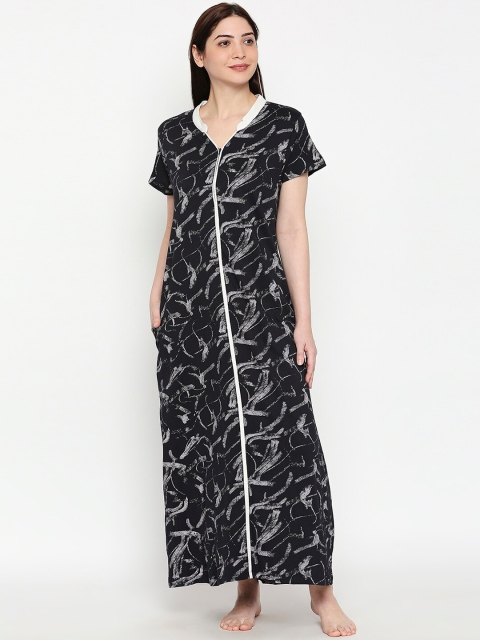 

XIN Women Black & White Printed Maxi Nightdress