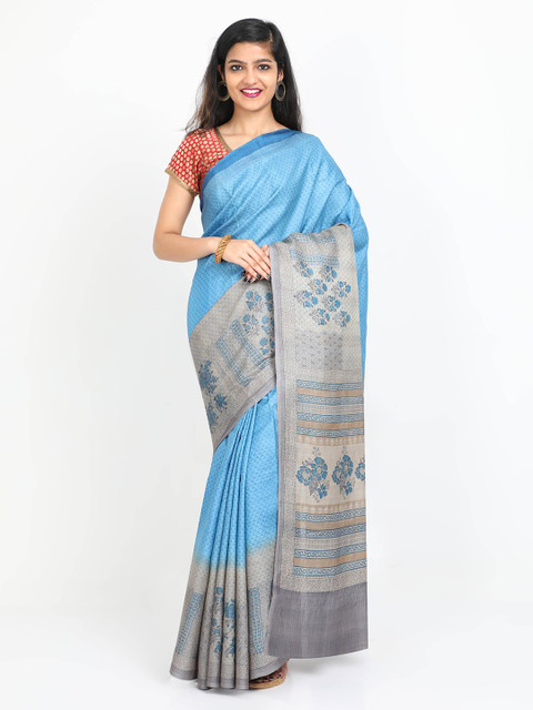 

SABOO COLLECTIONS Blue & Grey Pure Silk Printed Tussar Saree