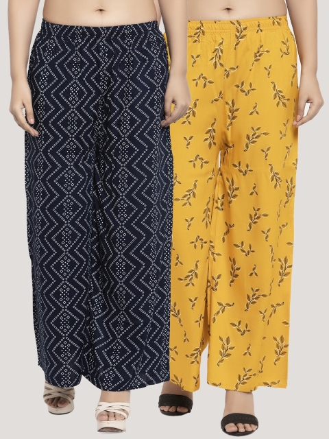 

KLOTTHE Women Pack Of 2 Navy Blue & Yellow Printed Straight Palazzos