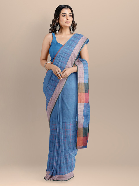 

BharatSthali Blue Pure Cotton Checked Handloom Jamdani Saree