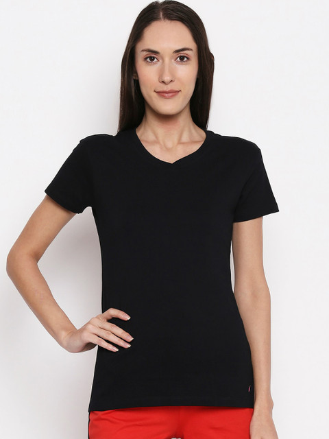 

XIN Women Black Solid V-Neck T-shirt