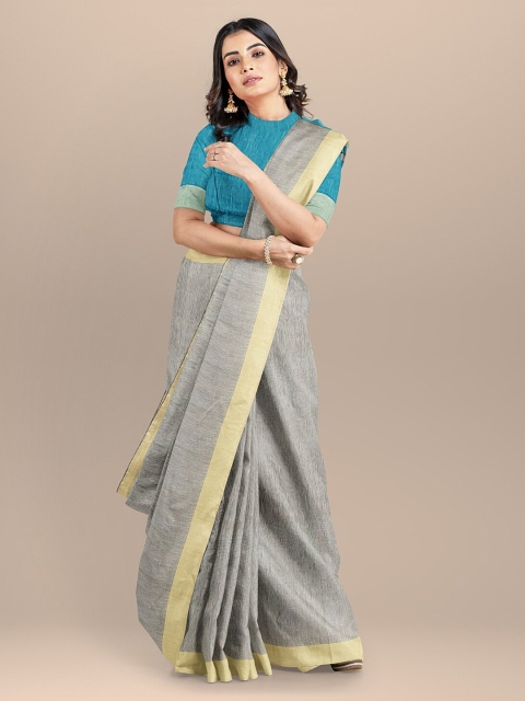 

BharatSthali Grey & Blue Silk Cotton Solid Mangalagiri Sustainable Saree