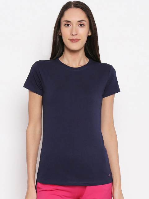 

XIN Women Navy Blue Solid Round Neck T-shirt