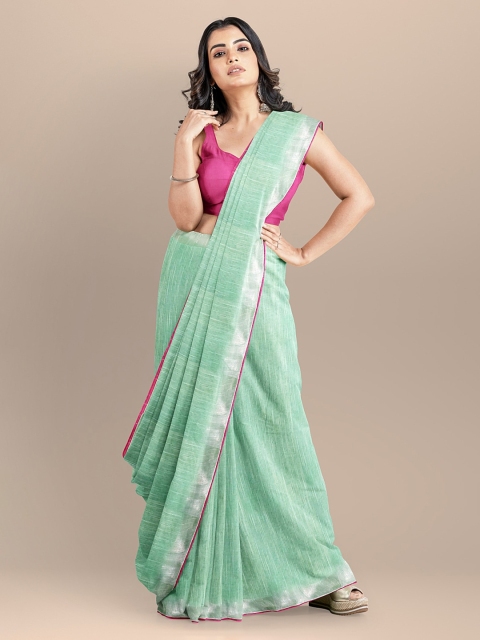 

BharatSthali Sea Green Cotton Solid Jamdani Handloom Saree