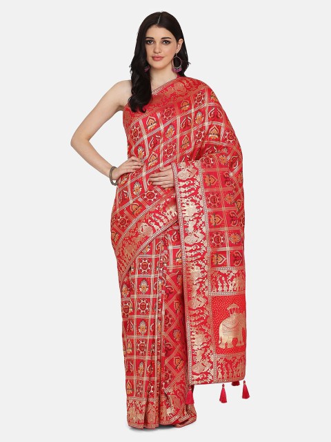 

BOMBAY SELECTIONS Pink Silk Blend Printed Paithani Saree