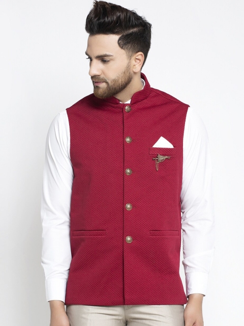 

Jompers Men Maroon Woven Design Pure Cotton Nehru Jacket