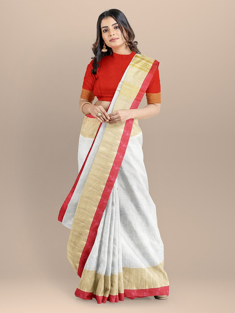 

BharatSthali White & Red Pure Cotton Solid Jamdani Saree