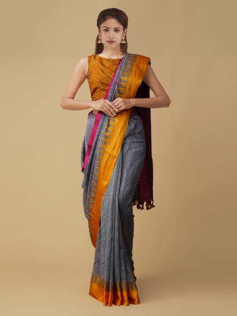 

Unnati Silks Grey & Maroon Pure Linen Woven Design Handloom Linen Jamdani Saree