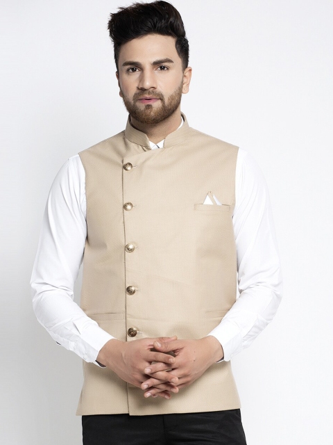 

Jompers Men Beige Solid Cotton Pure Cotton Nehru Jacket