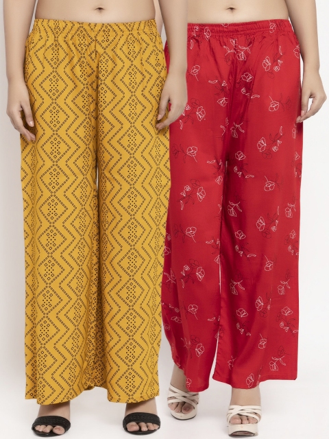 

KLOTTHE Women Pack Of 2 Yellow & Red Printed Straight Palazzos