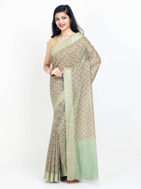 

SABOO COLLECTIONS Sea Green & Orange Pure Silk Printed Muga Saree