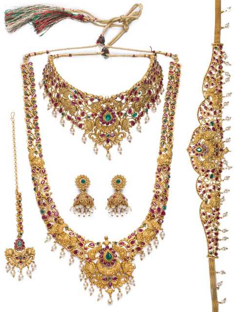 

Alankruthi Gold-Plated Pink & Green Stone Studded Sustainable Jewellery Set