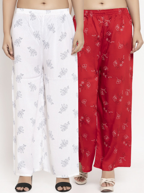 

KLOTTHE Women Pack Of 2 Printed Straight Palazzos, White