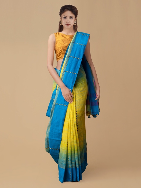 

Unnati Silks Yellow & Blue Pure Linen Woven Design Handloom Jamdani Saree