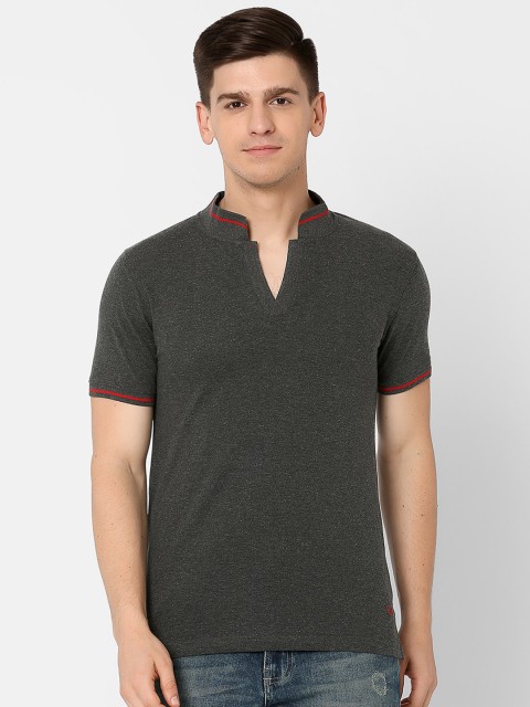 

MARCA Disati Men Charcoal Grey Solid Mandarin Collar T-shirt