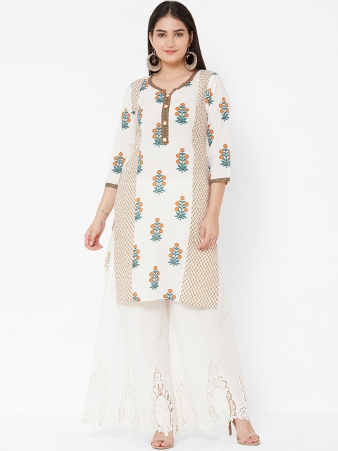 

Vedic Women Orange & Off-White Printed A-Line Kurta
