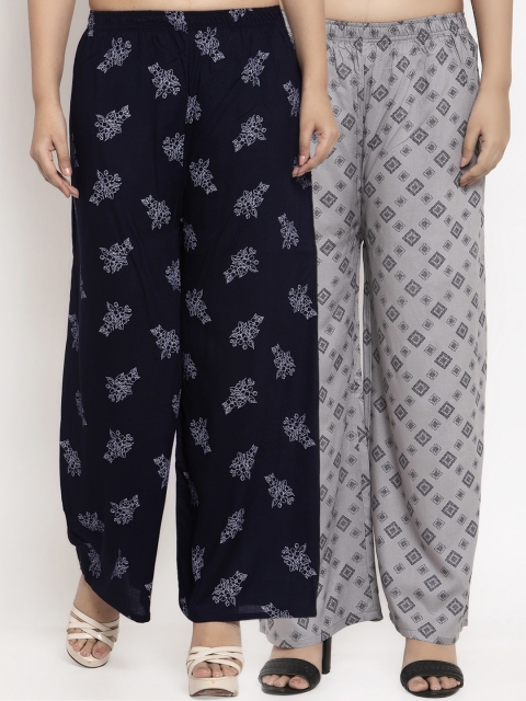 

KLOTTHE Women Pack Of 2 Grey & Navy Blue Printed Straight Palazzos