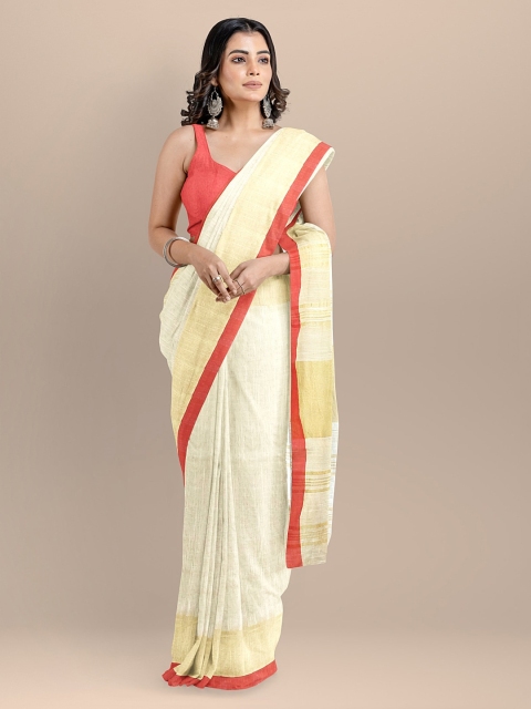 

BharatSthali Cream-Coloured Solid Jamdani Saree