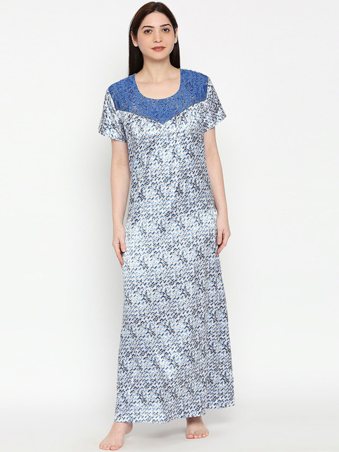

XIN Women Blue & White Printed Maxi Nightdress