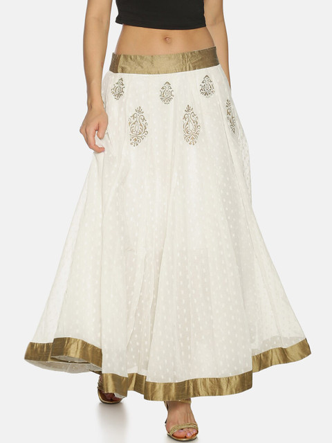 

Ira Soleil Women White & Gold-Coloured Printed Flared Maxi Skirt