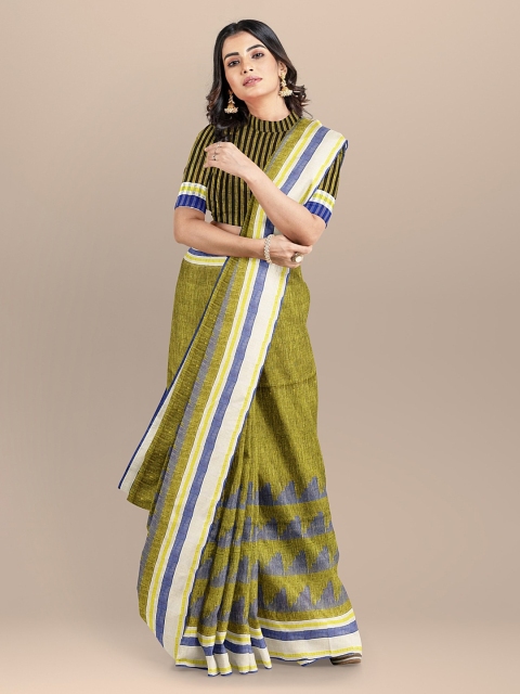 

BharatSthali Olive Green & Blue Linen Solid Handloom Bhagalpuri Saree