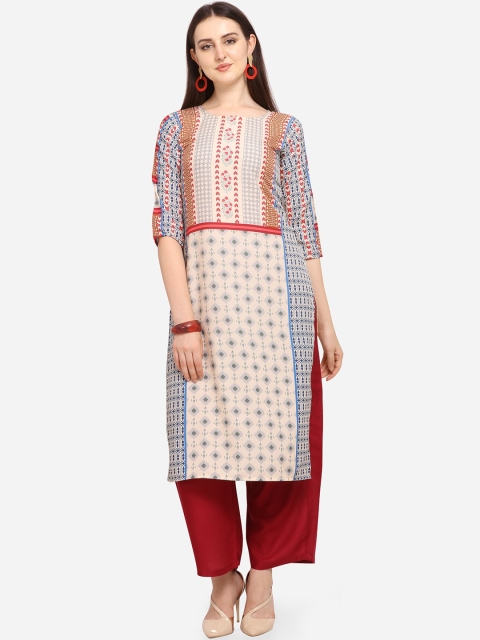 

PURVAJA Women Beige Printed Straight Kurta