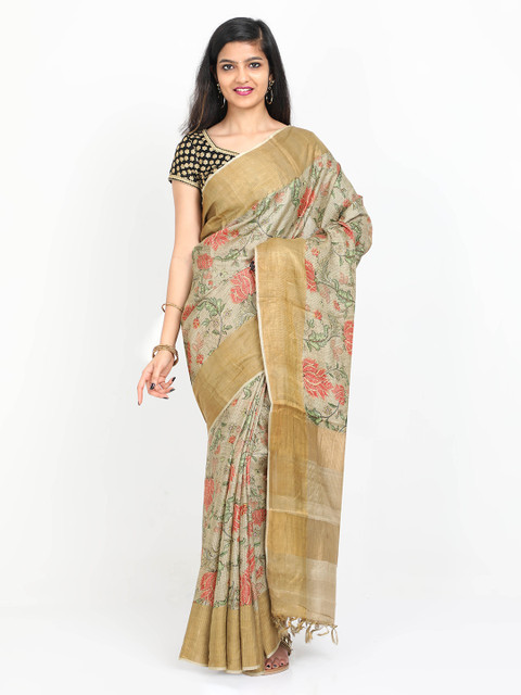 

SABOO COLLECTIONS Olive Green & Beige Pure Silk Printed Tussar Saree