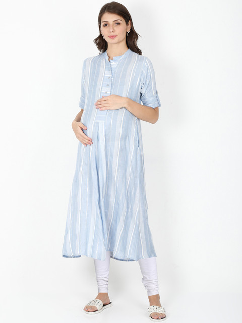 

The Mom Store Women Blue Striped A-Line Kurta